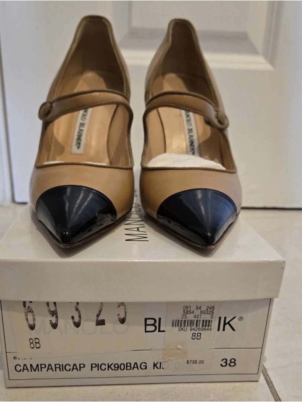 Manolo Blahnik Two-Tone Tan and Black Pointed Toe Pumps
